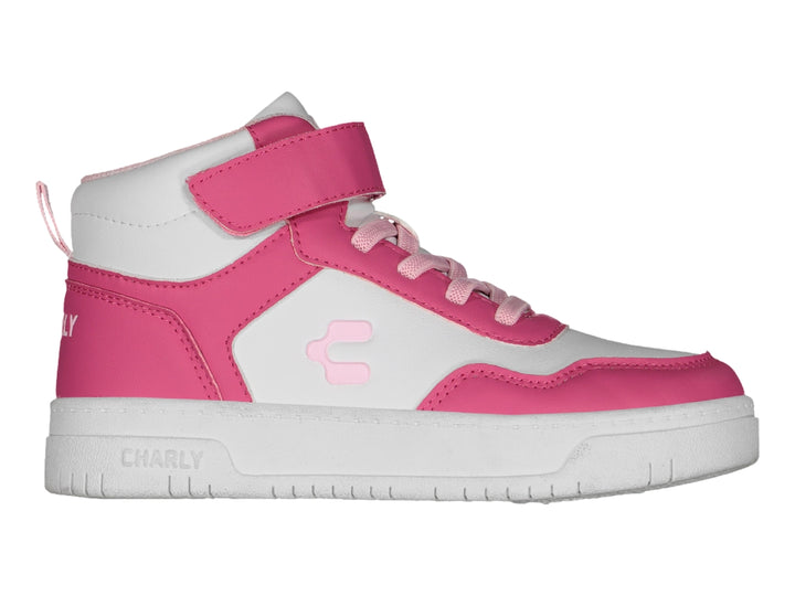 Tenis deportivos de bota para niño o niña en colores blanco y rosa con correa de velcro.