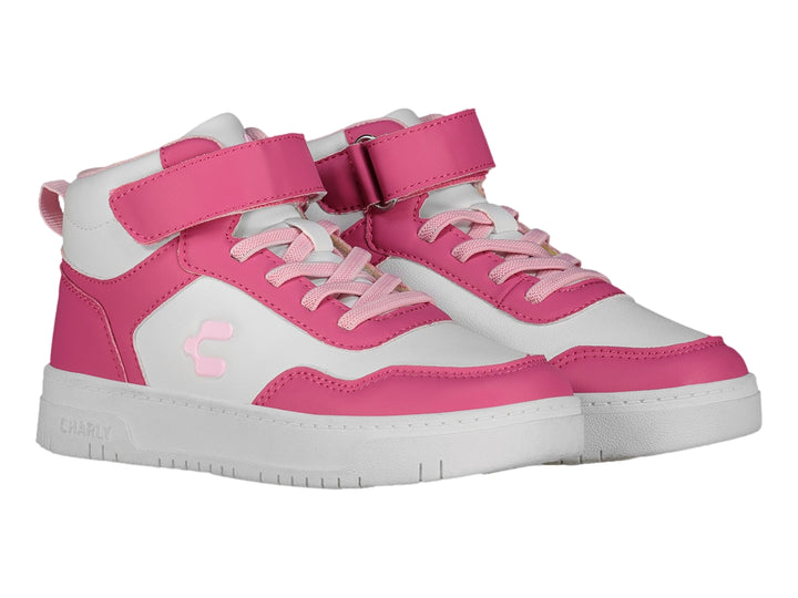 Tenis deportivos de bota para niño o niña en colores blanco y rosa con correa de velcro.