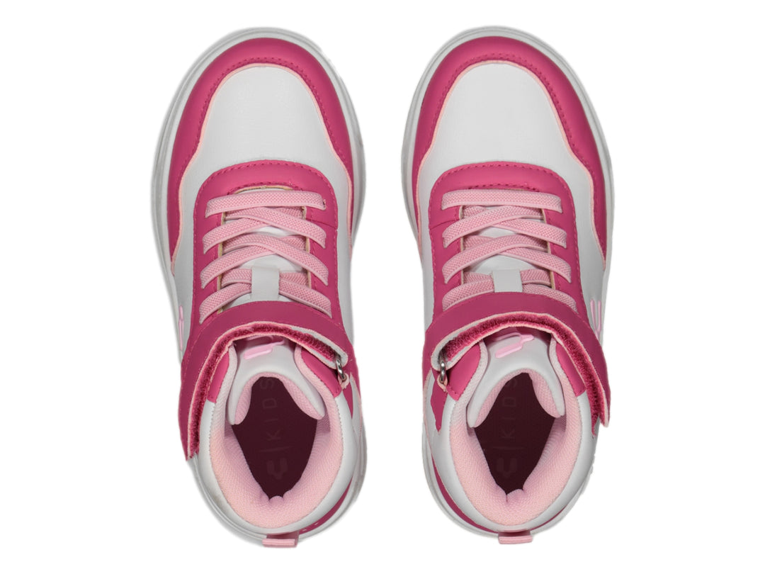 Tenis deportivos de bota para niño o niña en colores blanco y rosa con correa de velcro.