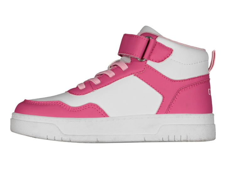 Tenis deportivos de bota para niño o niña en colores blanco y rosa con correa de velcro.