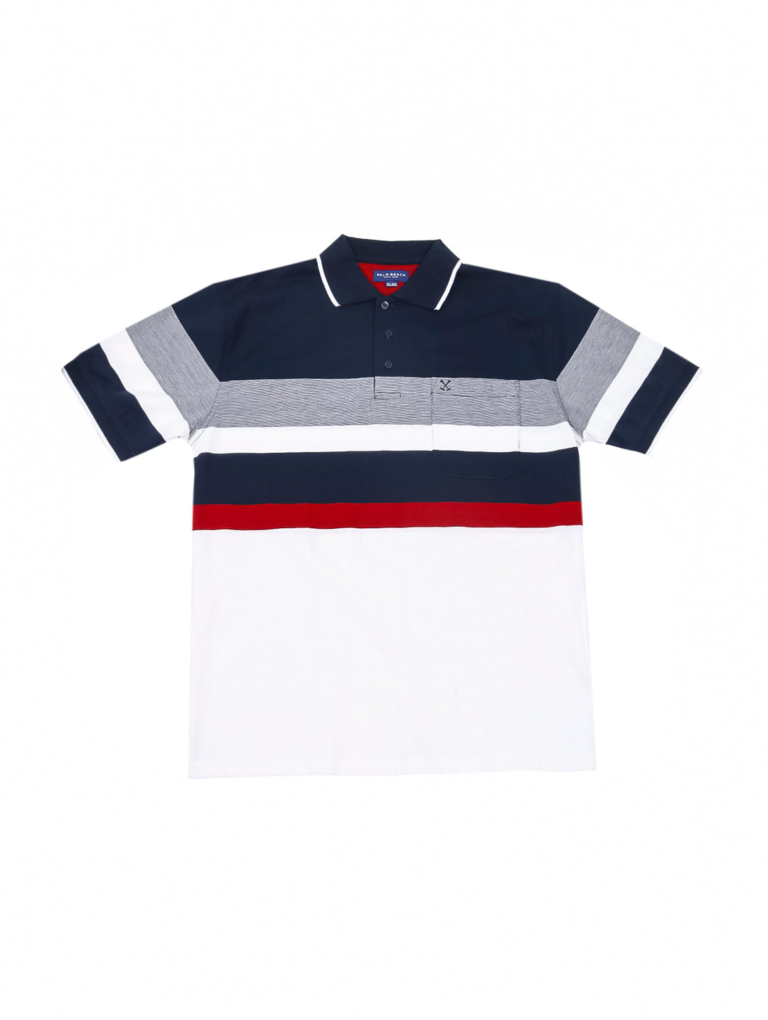 Hombre vistiendo playera polo de manga corta con diseño de rayas horizontales en azul marino, gris, rojo y blanco.