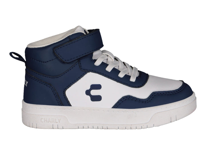 Tenis deportivos tipo bota en color azul marino y blanco con cierre de velcro y cordones.