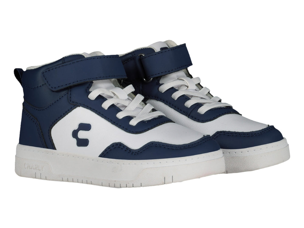 Tenis deportivos tipo bota en color azul marino y blanco con cierre de velcro y cordones.