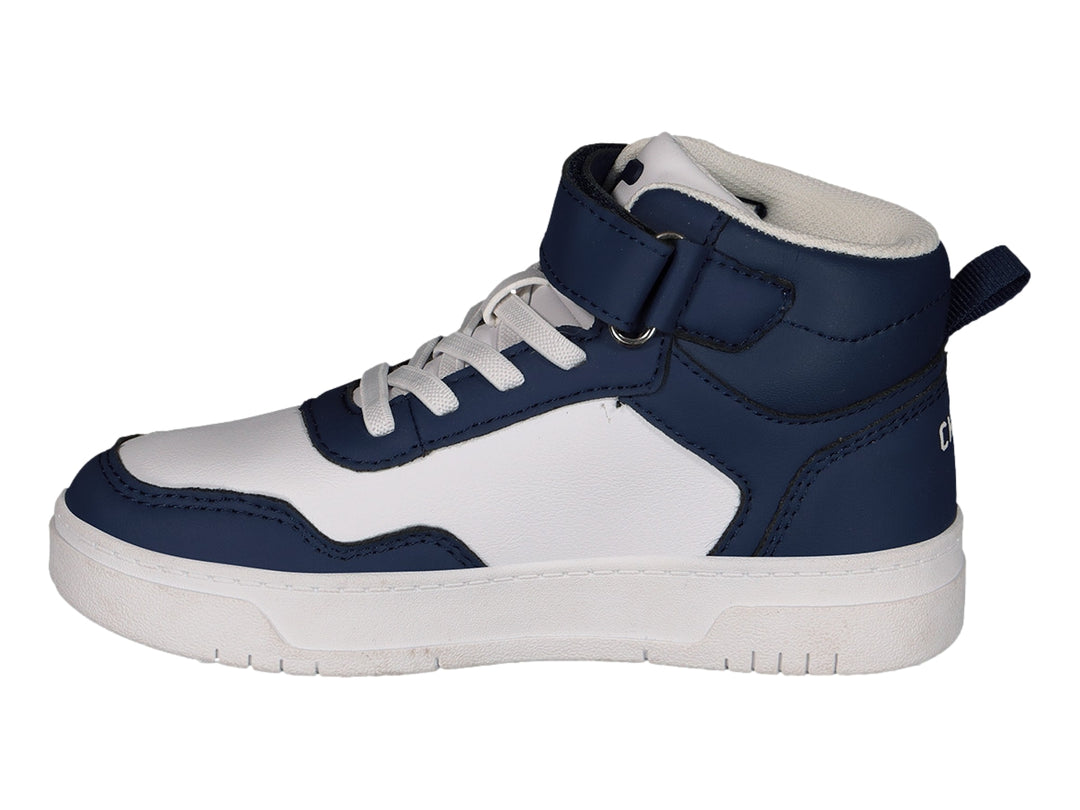Tenis deportivos tipo bota en color azul marino y blanco con cierre de velcro y cordones.
