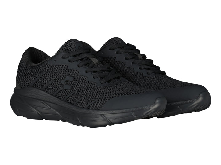 Tenis deportivos Charly color negro total con tejido de malla y suela robusta.