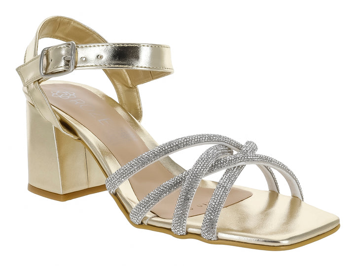Sandalia elegante color oro con tacón cuadrado y tiras brillantes en la parte frontal.