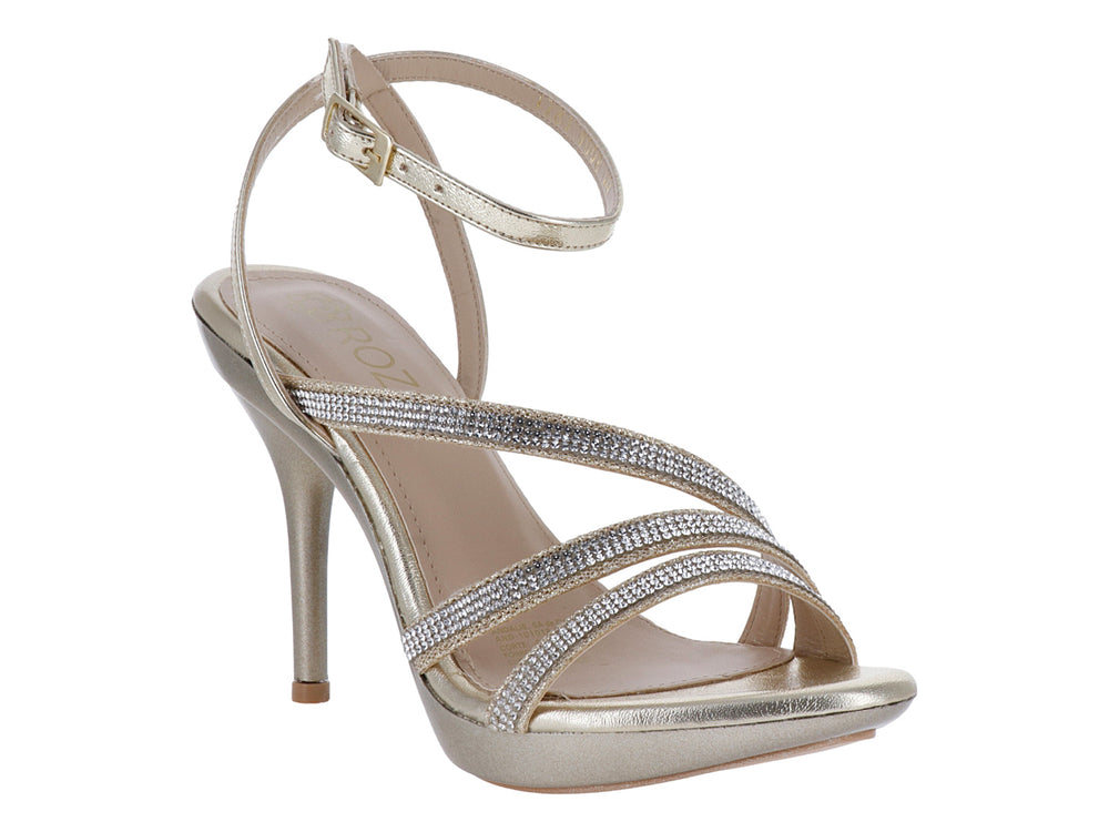 Sandalia elegante de tacón alto y plataforma en color oro inglés con detalles brillantes y correa al tobillo.