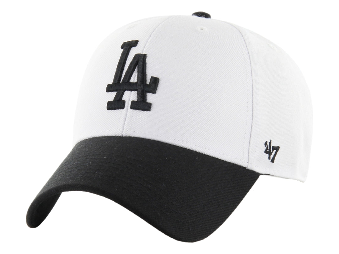 Gorra de béisbol 47 Brand con corona blanca, visera negra y logotipo LA bordado en negro.