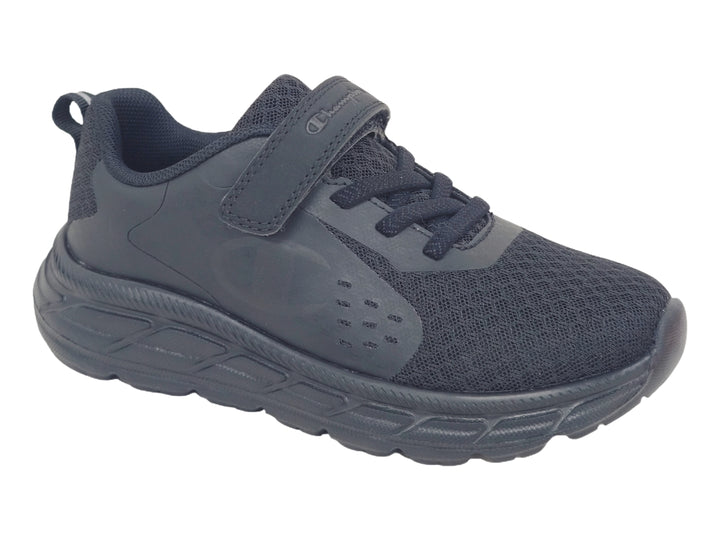 Tenis deportivos Champion color negro con correa de ajuste y agujetas para niño.
