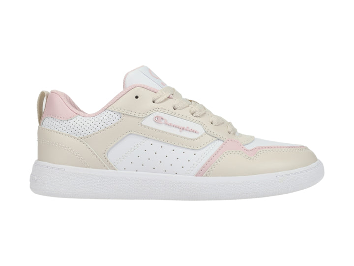 Tenis deportivos Champion en colores blanco, beige y rosa con suela blanca y agujetas.