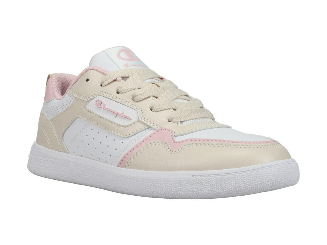 Tenis deportivos Champion en colores blanco, beige y rosa con suela blanca y agujetas.