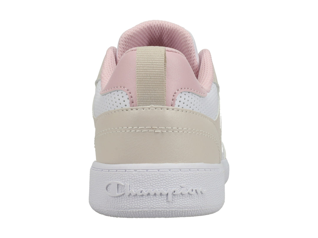 Tenis deportivos Champion en colores blanco, beige y rosa con suela blanca y agujetas.