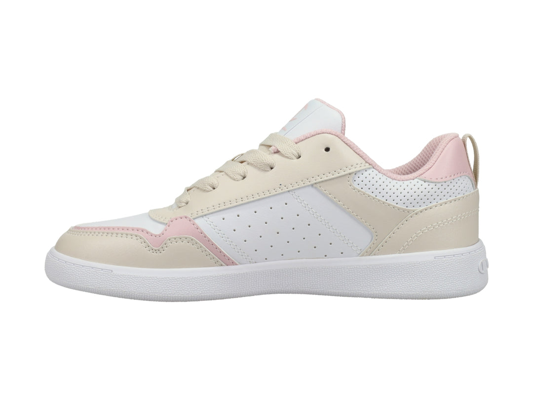 Tenis deportivos Champion en colores blanco, beige y rosa con suela blanca y agujetas.