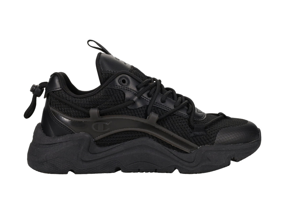 Tenis deportivos Champion color negro con diseño chunky y detalles de malla.