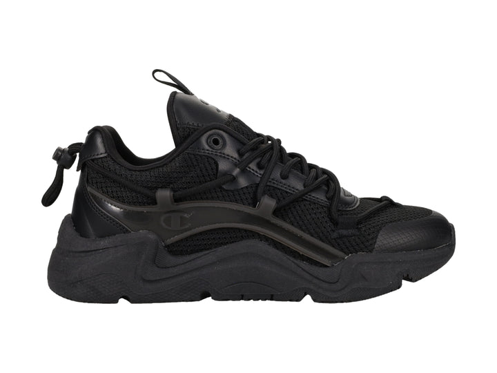 Tenis deportivos Champion color negro con diseño chunky y detalles de malla.