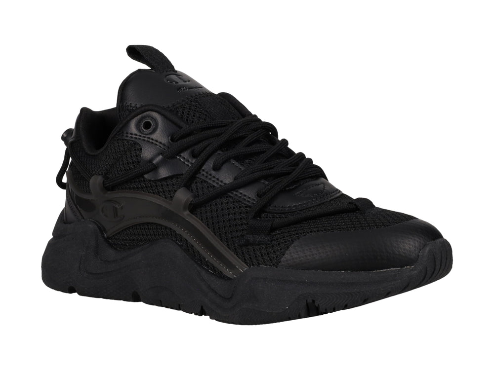 Tenis deportivos Champion color negro con diseño chunky y detalles de malla.