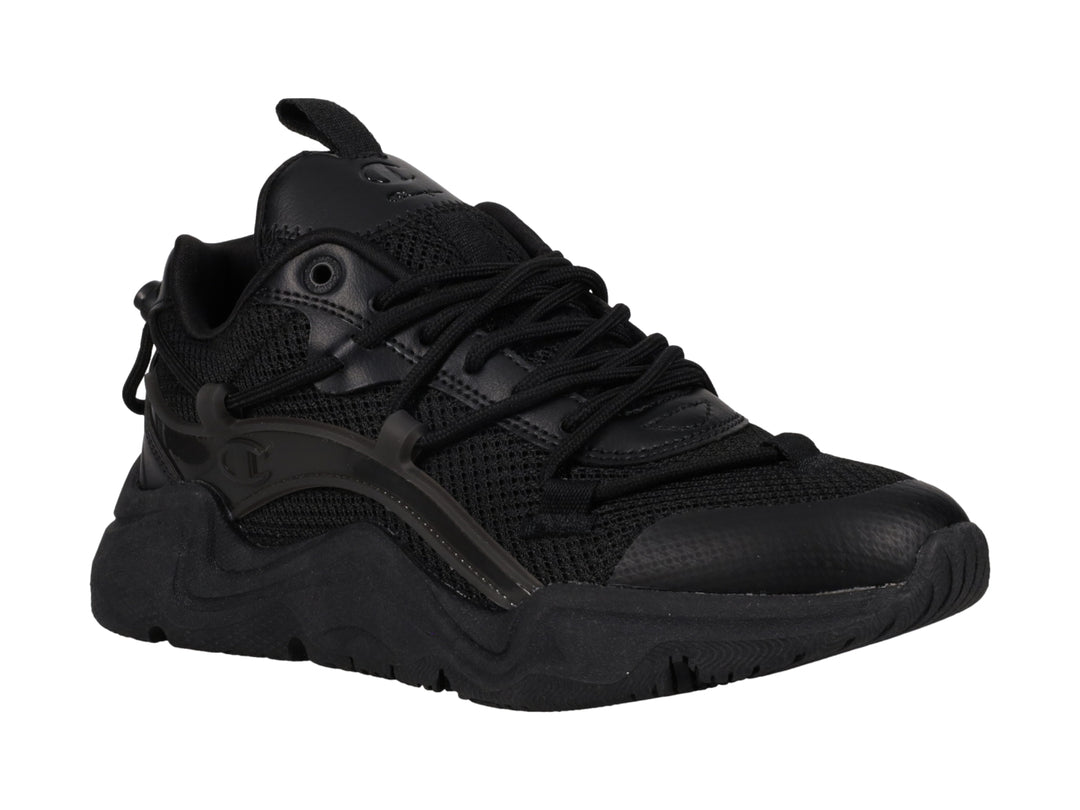 Tenis deportivos Champion color negro con diseño chunky y detalles de malla.