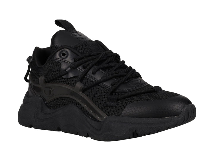Tenis deportivos Champion color negro con diseño chunky y detalles de malla.