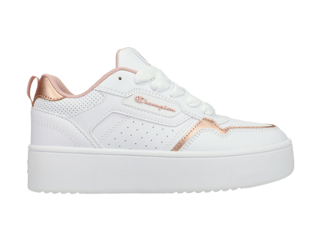 Tenis Champion blancos de plataforma con detalles en color oro rosa.