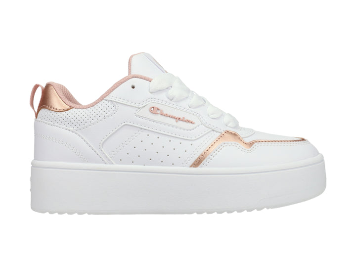 Tenis Champion blancos de plataforma con detalles en color oro rosa.
