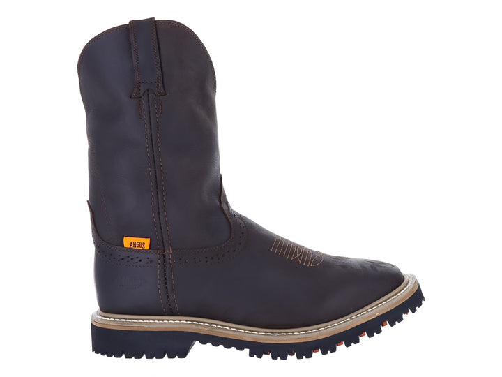 Bota estilo truck de cuero color choco con suela negra dentada y costuras blancas.