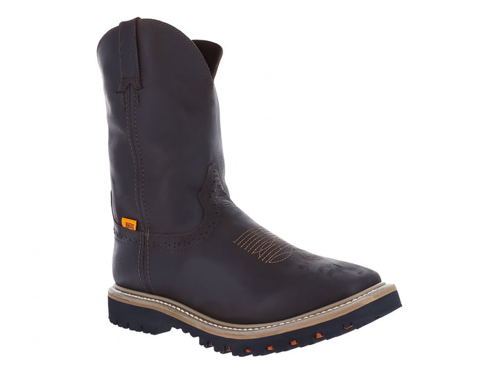 Bota estilo truck de cuero color choco con suela negra dentada y costuras blancas.