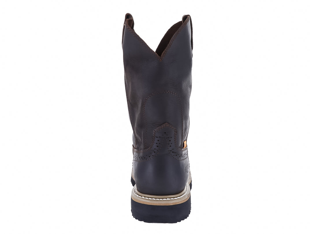 Bota estilo truck de cuero color choco con suela negra dentada y costuras blancas.
