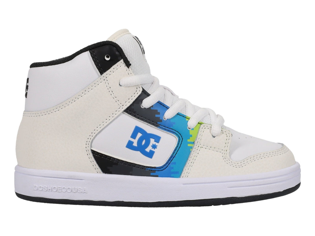 Tenis DC Shoes de bota color blanco con diseño gráfico en azul y negro en el lateral.