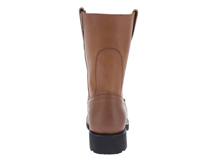 Bota vaquera de cuero color marrón miel con suela negra.