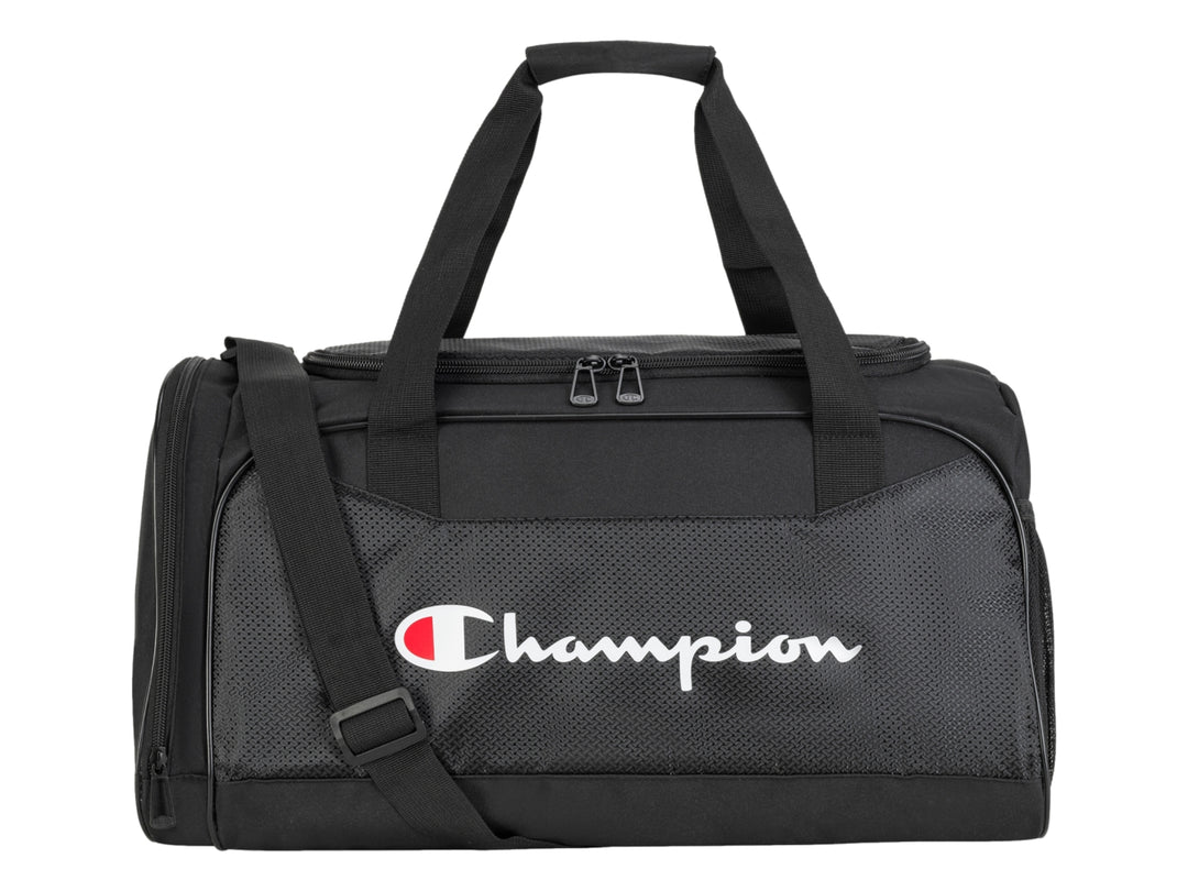 Bolsa de deporte Champion color negro con logotipo blanco en el centro, asas superiores y correa ajustable.