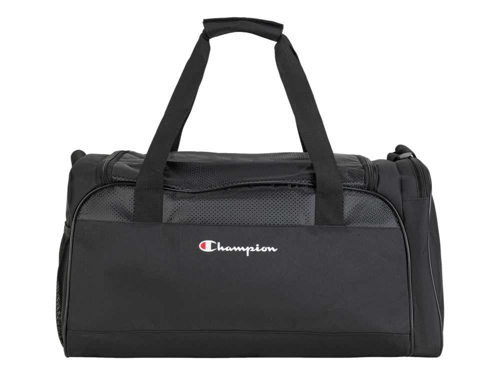 Bolsa de deporte Champion color negro con logotipo blanco en el centro, asas superiores y correa ajustable.