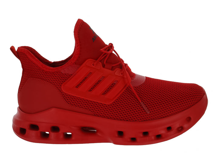 Tenis deportivos color rojo con malla transpirable y suela gruesa con perforaciones.