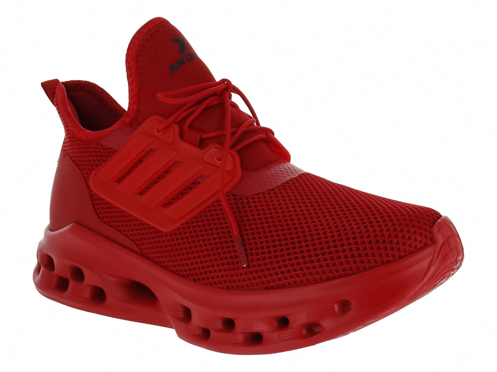 Tenis deportivos color rojo con malla transpirable y suela gruesa con perforaciones.