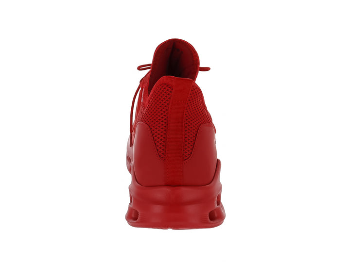 Tenis deportivos color rojo con malla transpirable y suela gruesa con perforaciones.