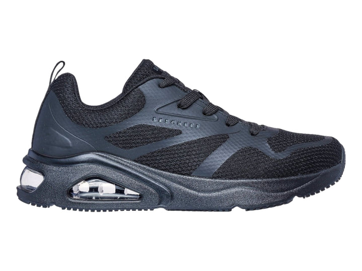 Tenis deportivos Skechers color negro con suela de amortiguación de aire visible.