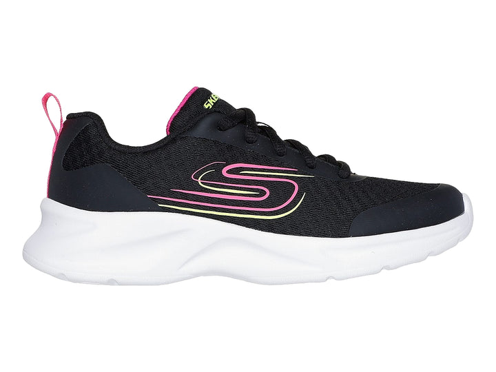 Tenis deportivos Skechers color negro con suela blanca y detalles en fucsia y amarillo.