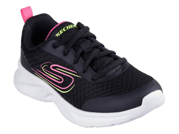 Tenis deportivos Skechers color negro con suela blanca y detalles en fucsia y amarillo.