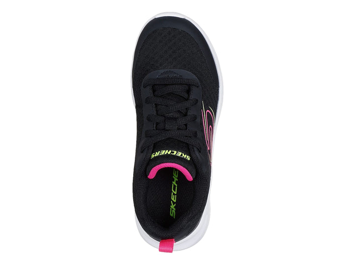 Tenis deportivos Skechers color negro con suela blanca y detalles en fucsia y amarillo.