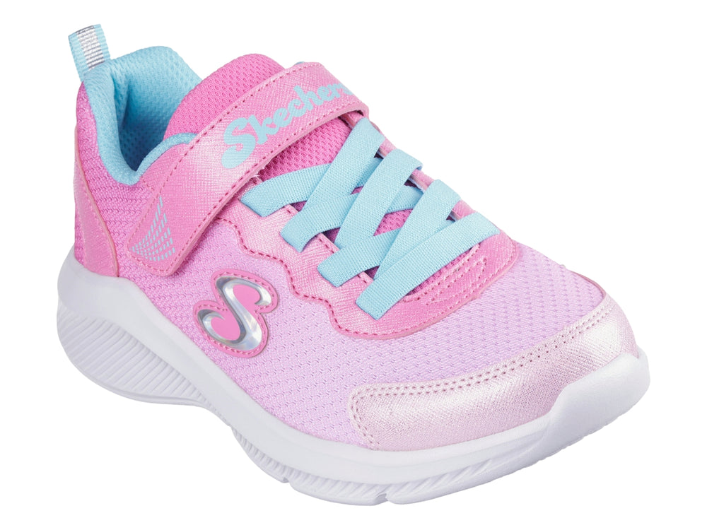 Tenis deportivos Skechers para niña en color rosa con detalles en azul claro y suela blanca.