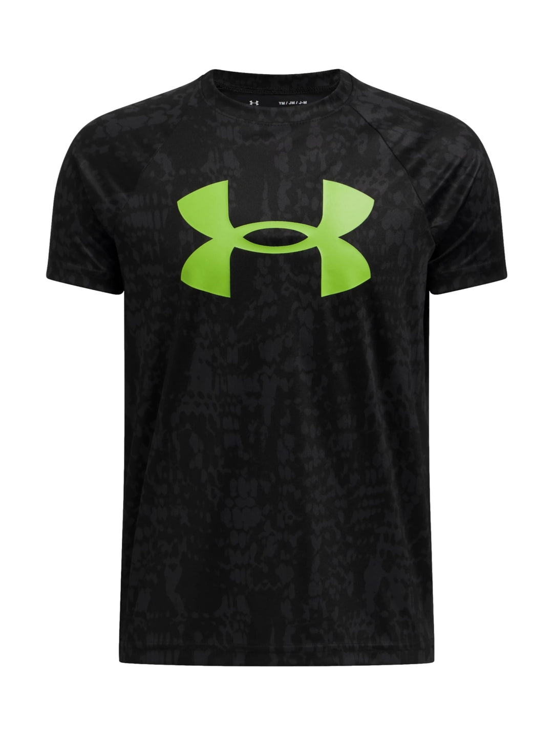 Camiseta deportiva Under Armour negra con logo verde lima y estampado sutil en el tejido.