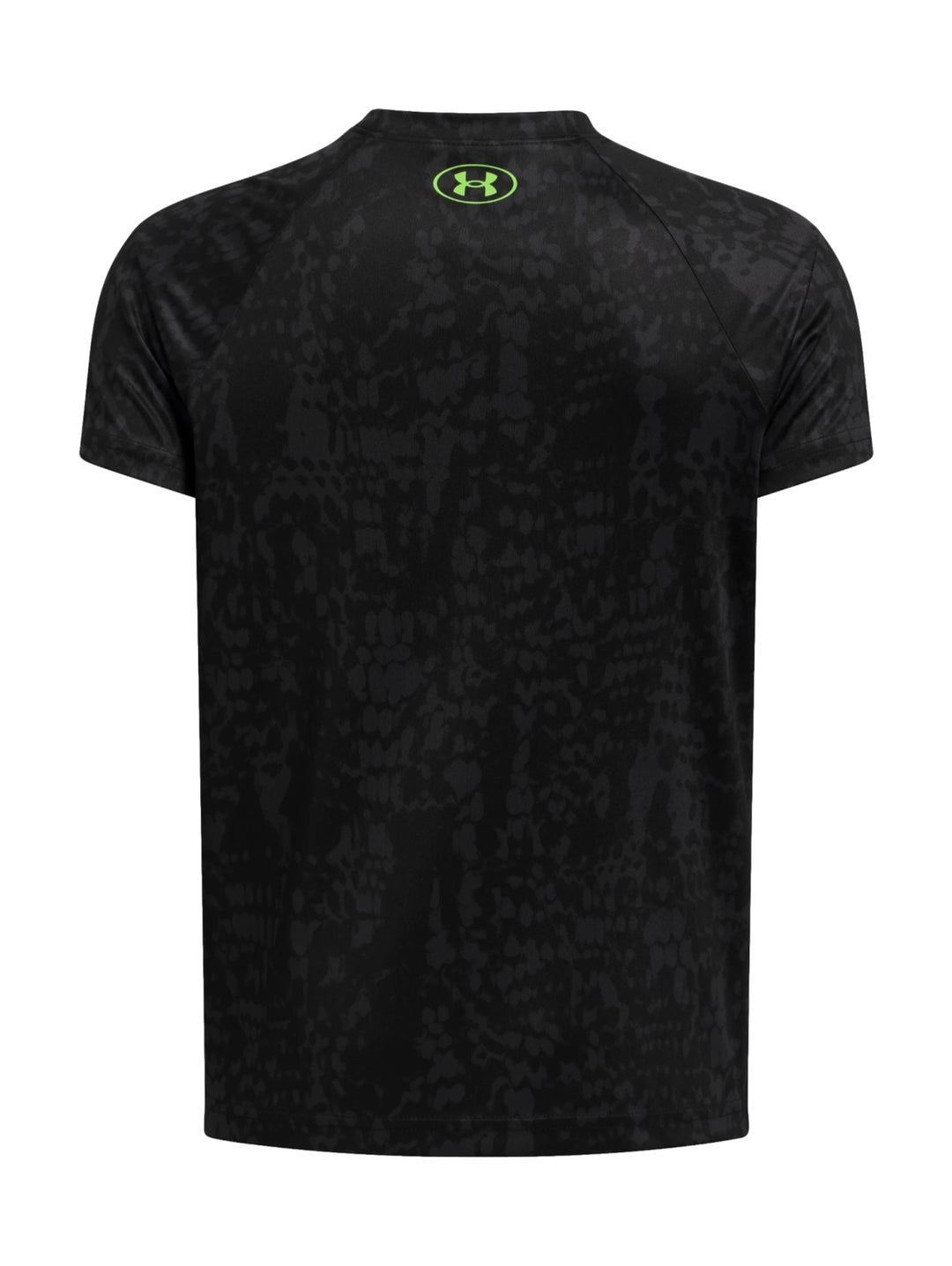 Camiseta deportiva Under Armour negra con logo verde lima y estampado sutil en el tejido.