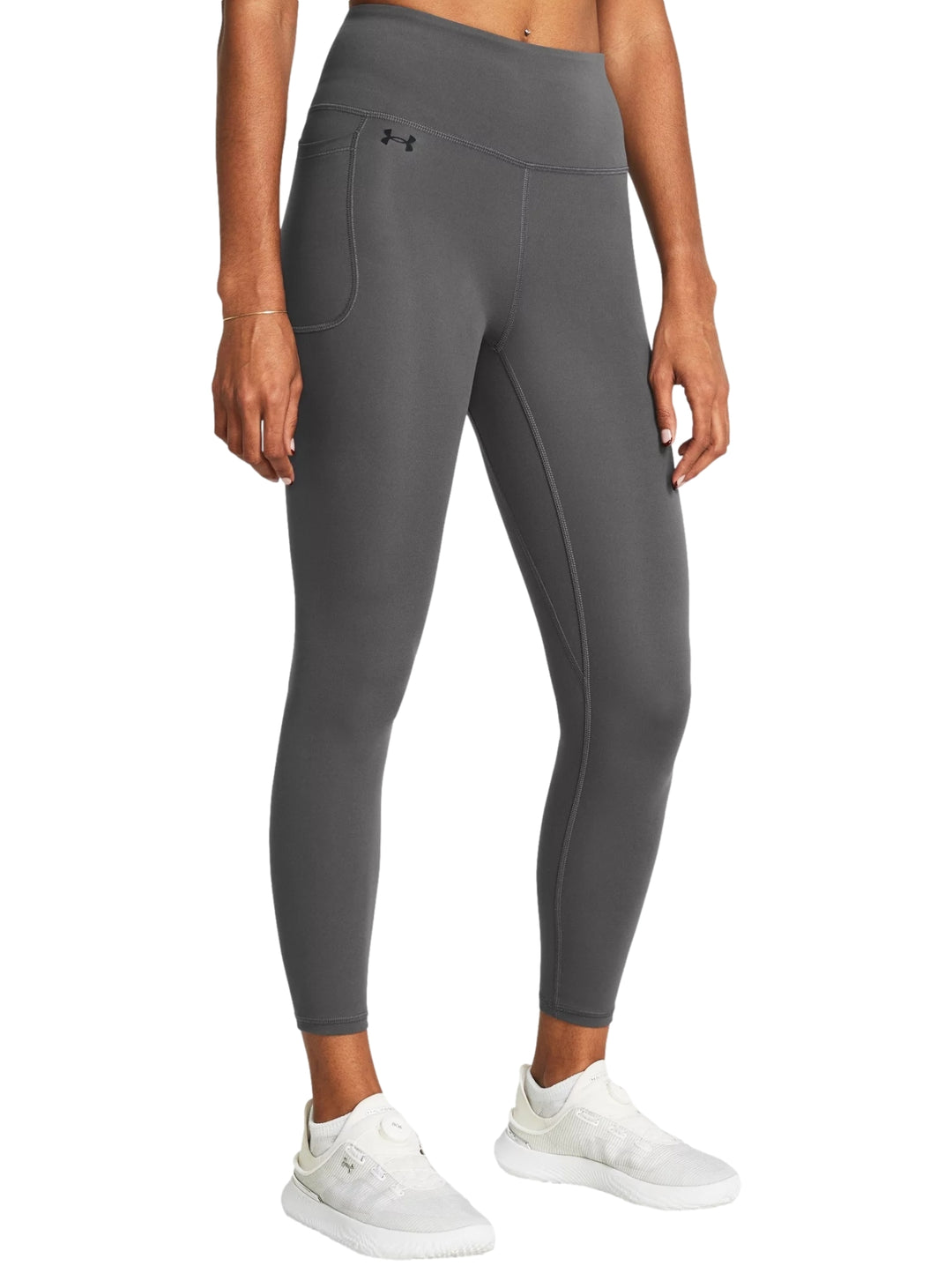 Leggings deportivos Under Armour color gris oscuro, ajustados al tobillo.