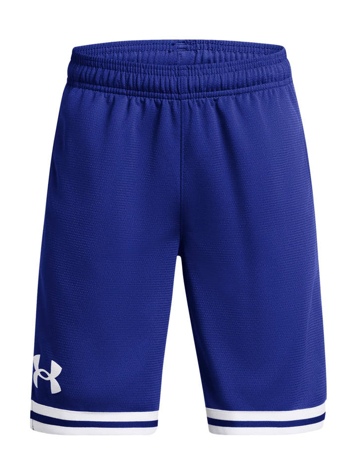 Pantalones cortos deportivos color azul con franjas blancas en el borde inferior y logo blanco.