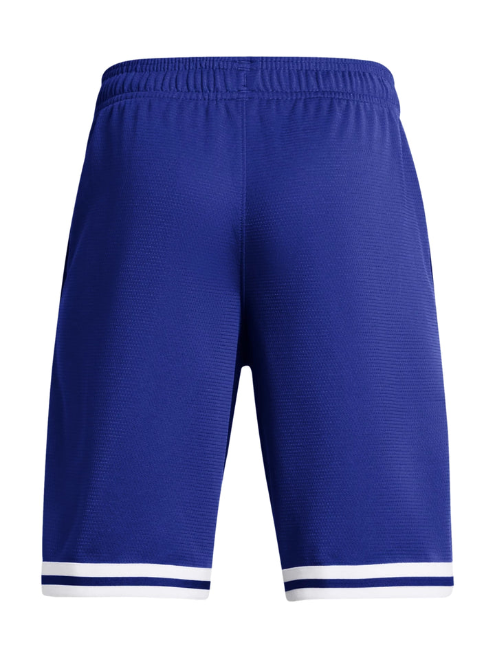 Pantalones cortos deportivos color azul con franjas blancas en el borde inferior y logo blanco.