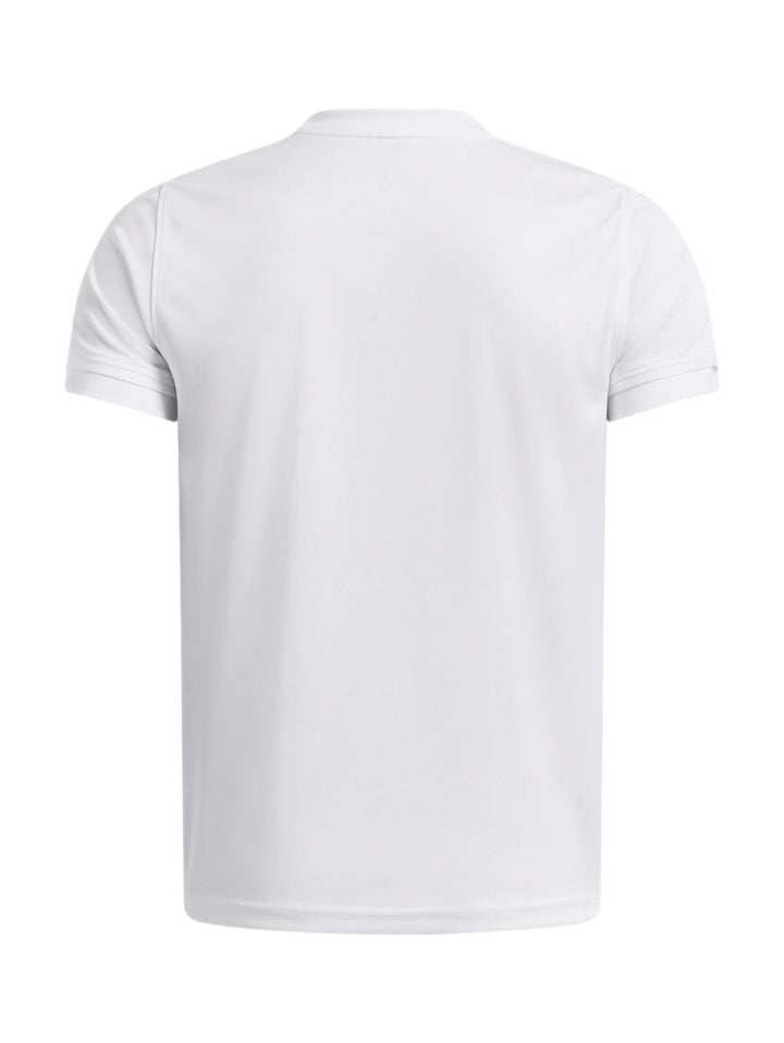 Camiseta deportiva blanca de manga corta con logotipo de Under Armour en el pecho.