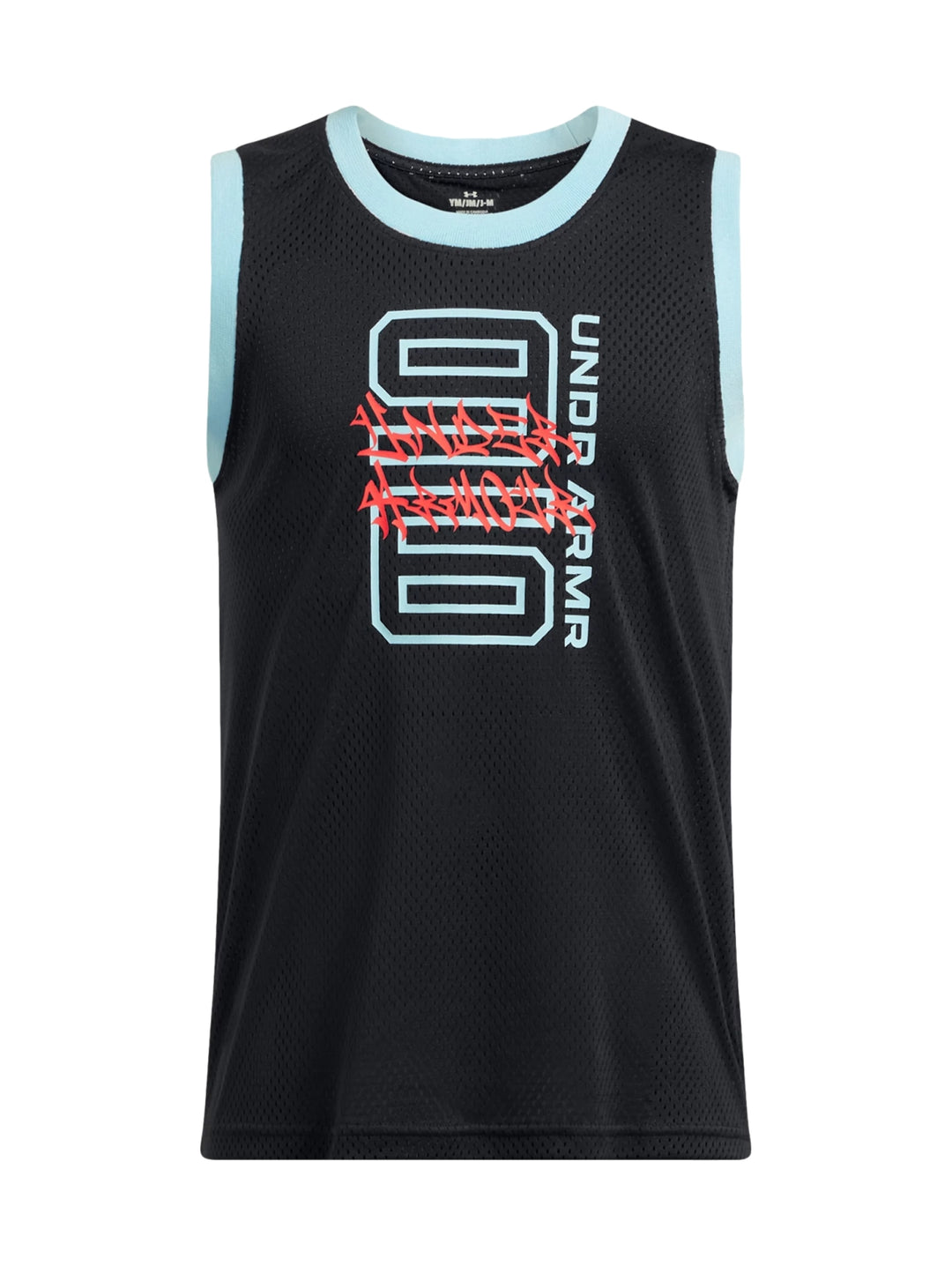 Camiseta deportiva sin mangas Under Armour en color negro con detalles laterales y cuello en azul.