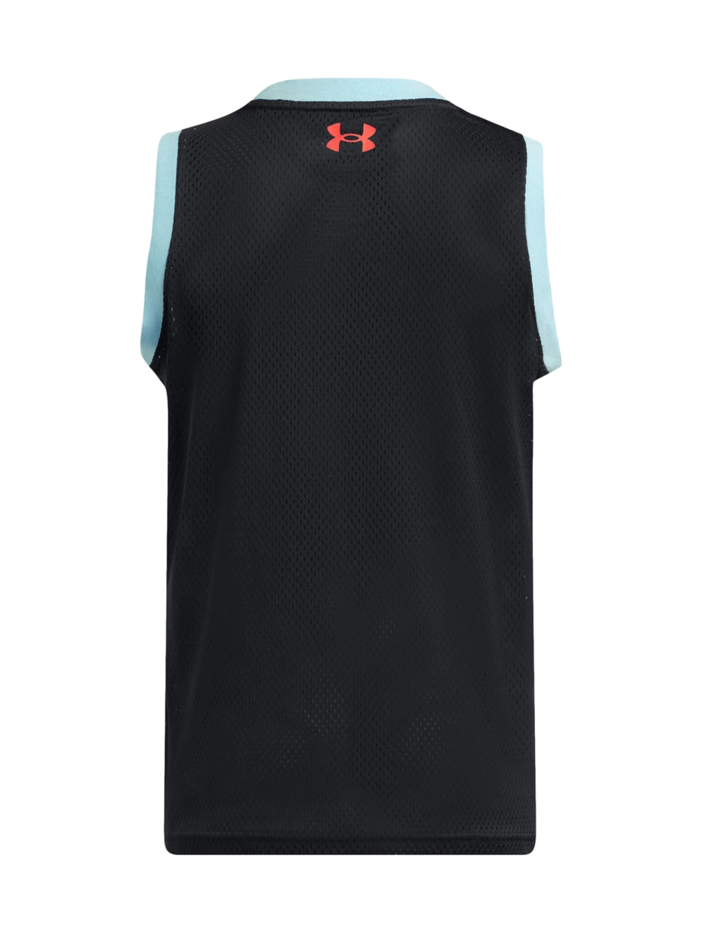 Camiseta deportiva sin mangas Under Armour en color negro con detalles laterales y cuello en azul.