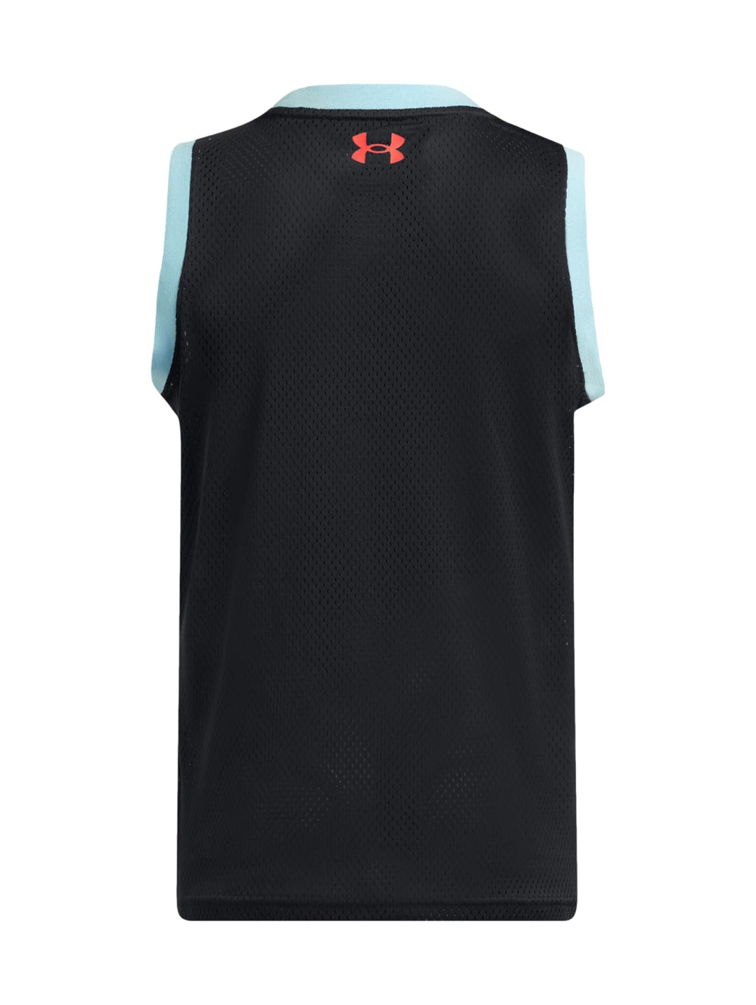 Camiseta deportiva sin mangas Under Armour en color negro con detalles laterales y cuello en azul.