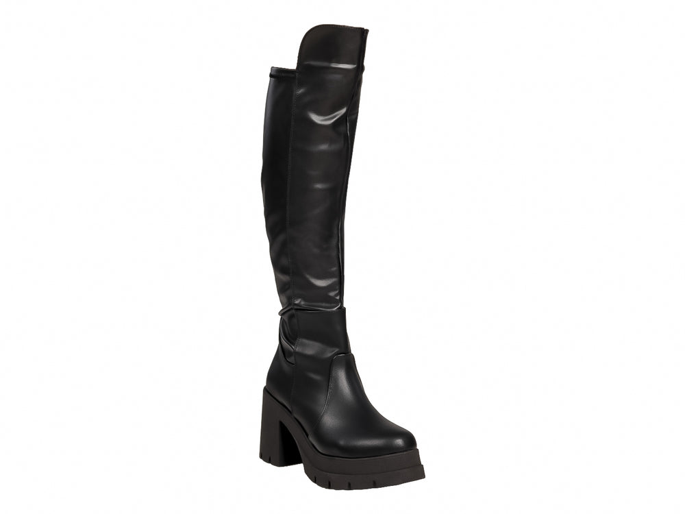 Botas altas color negro con tacón y suela de plataforma gruesa para mujer.