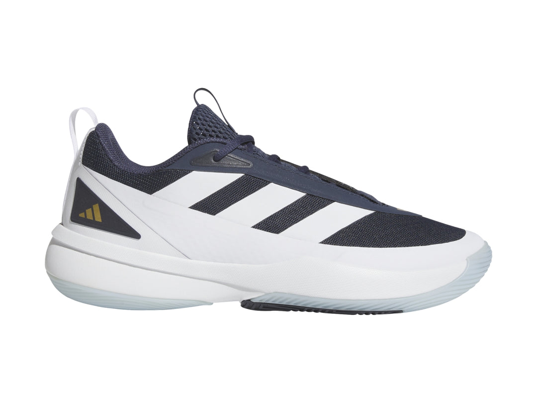 Tenis deportivos Adidas en color blanco y azul marino con suela blanca.